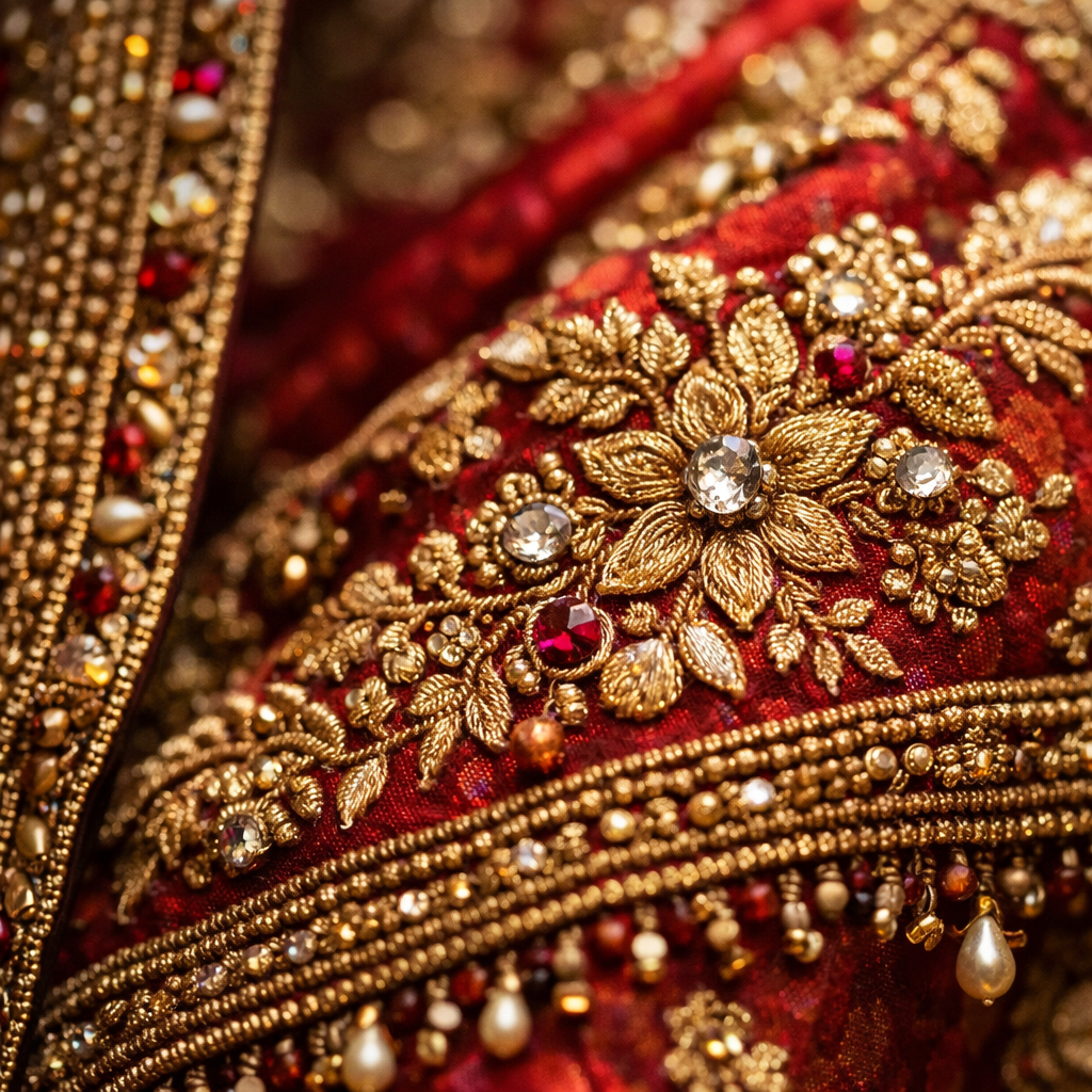 Macro shot of intricate embroidery on a saree, highlighting the craftsmanship and richness of the fabric.